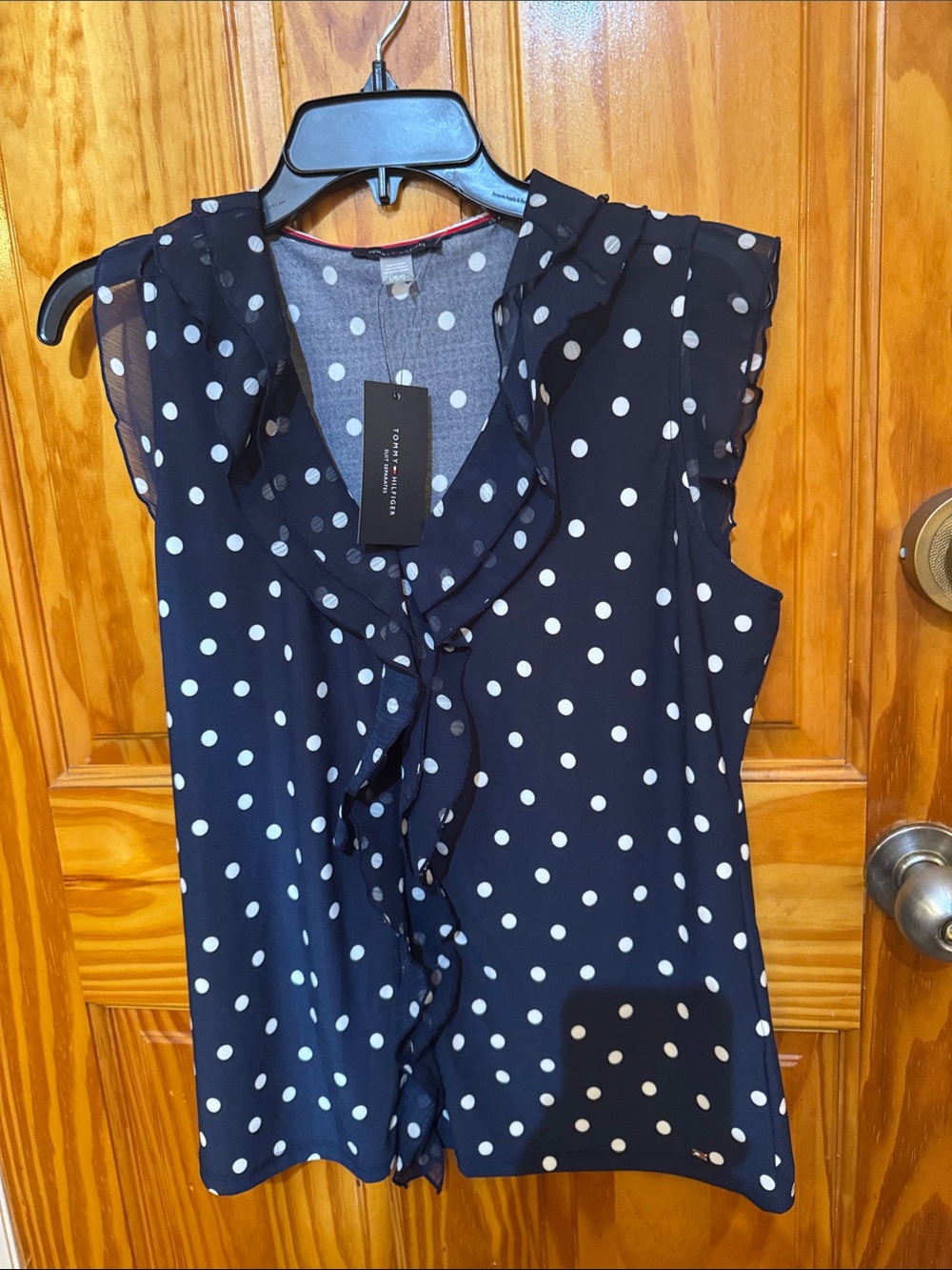Tommy Hilfiger Navy White Polka Dot Ruffle Sleeve Blouse
